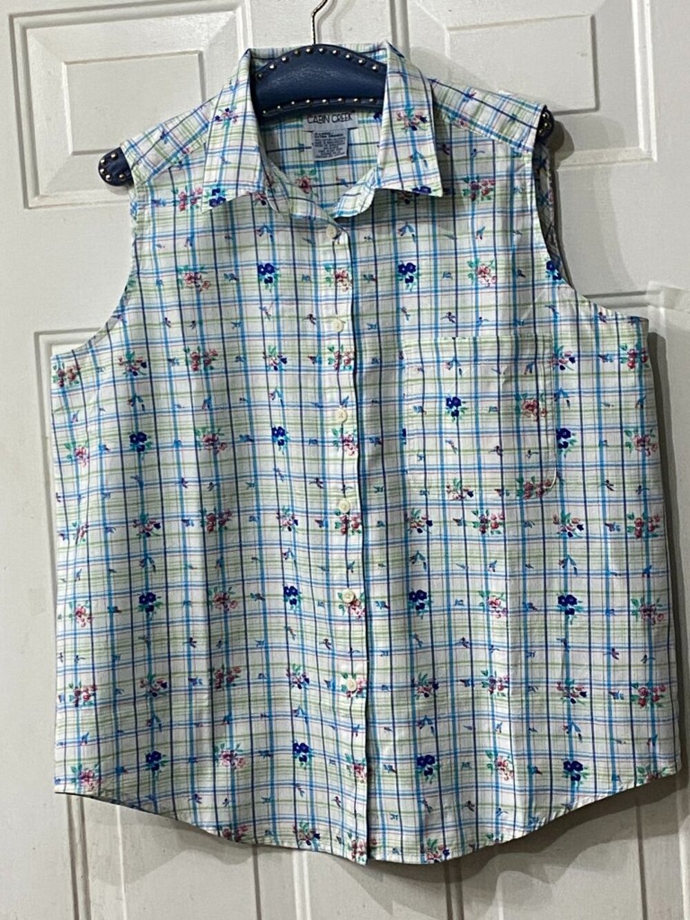 NEW Cabin Creek Sz XL Womens Blouse Shirt Sleeveless White/Multi Check/Floral